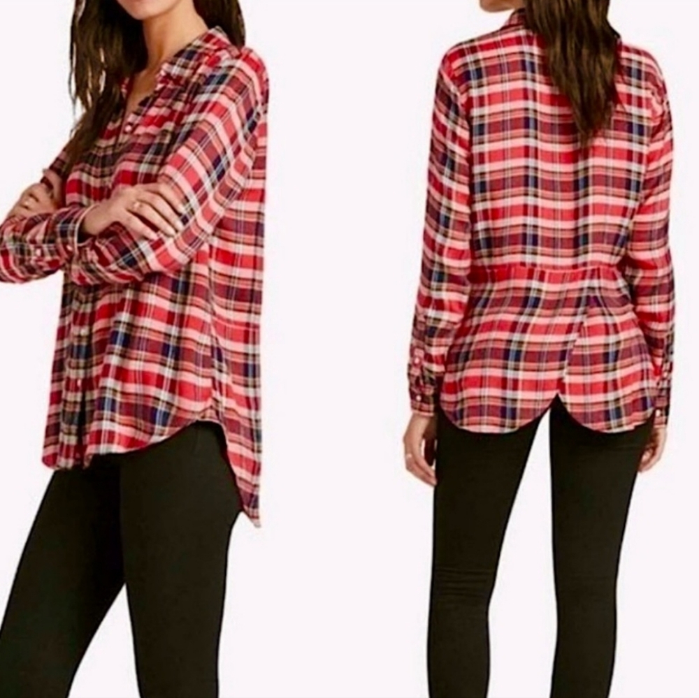 Lucky Brand Bungalow red plaid tulip hem flannel button down size small